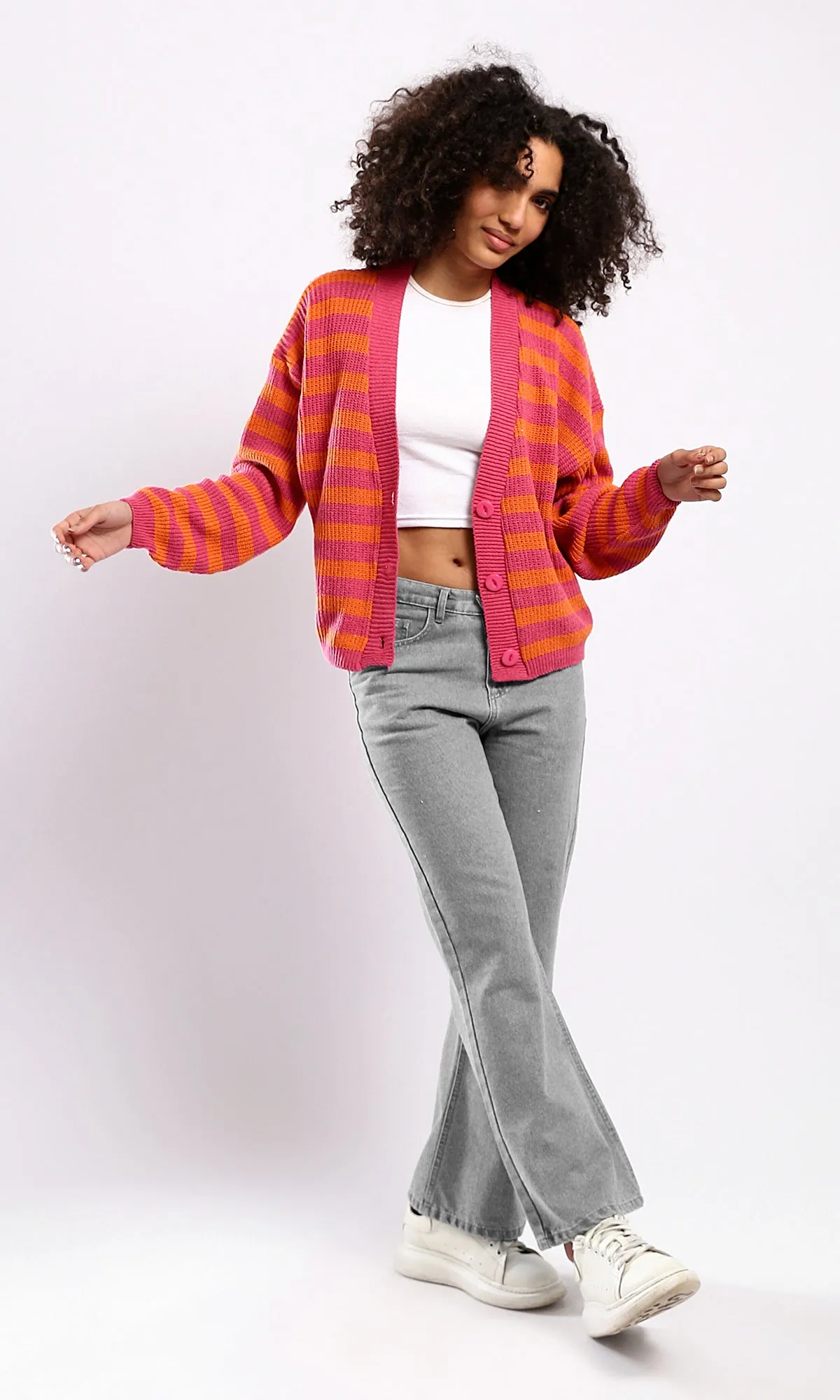 O173659 Long Sleeves Comfy Striped Cardigan - Orange & Fuchsia