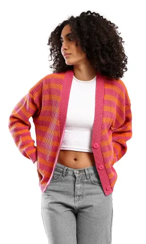 O173659 Long Sleeves Comfy Striped Cardigan - Orange & Fuchsia