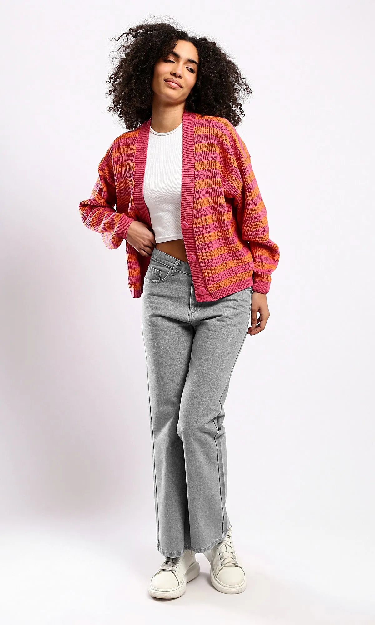 O173659 Long Sleeves Comfy Striped Cardigan - Orange & Fuchsia