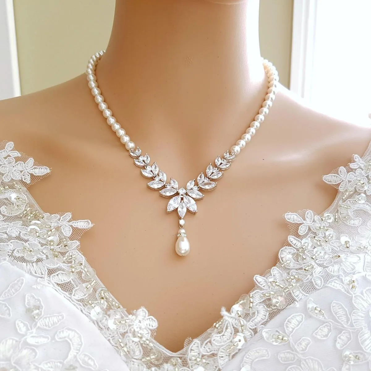 Pearl Strand & Crystal Gold Necklace for Wedding with Backdrop-Katie