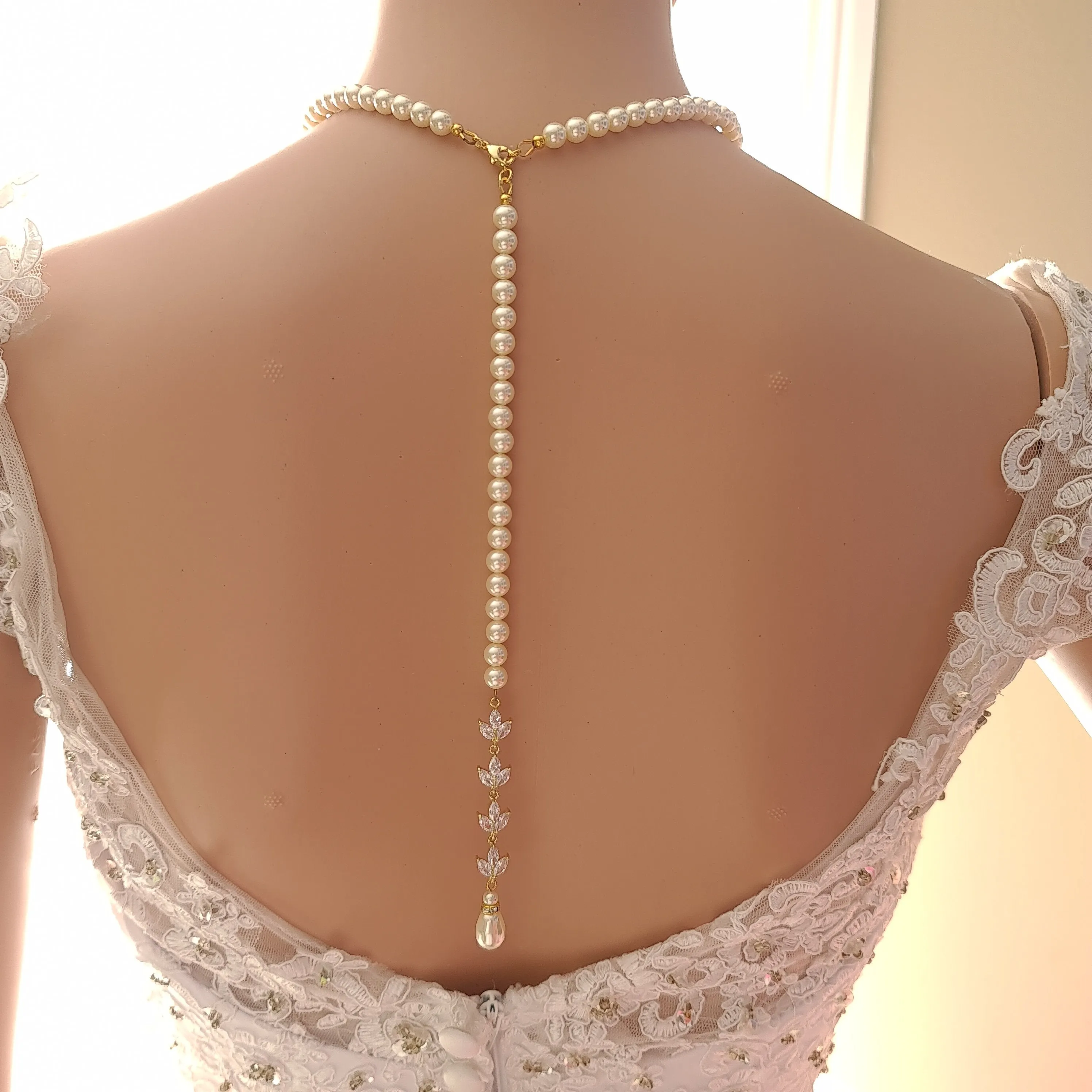 Pearl Strand & Crystal Gold Necklace for Wedding with Backdrop-Katie