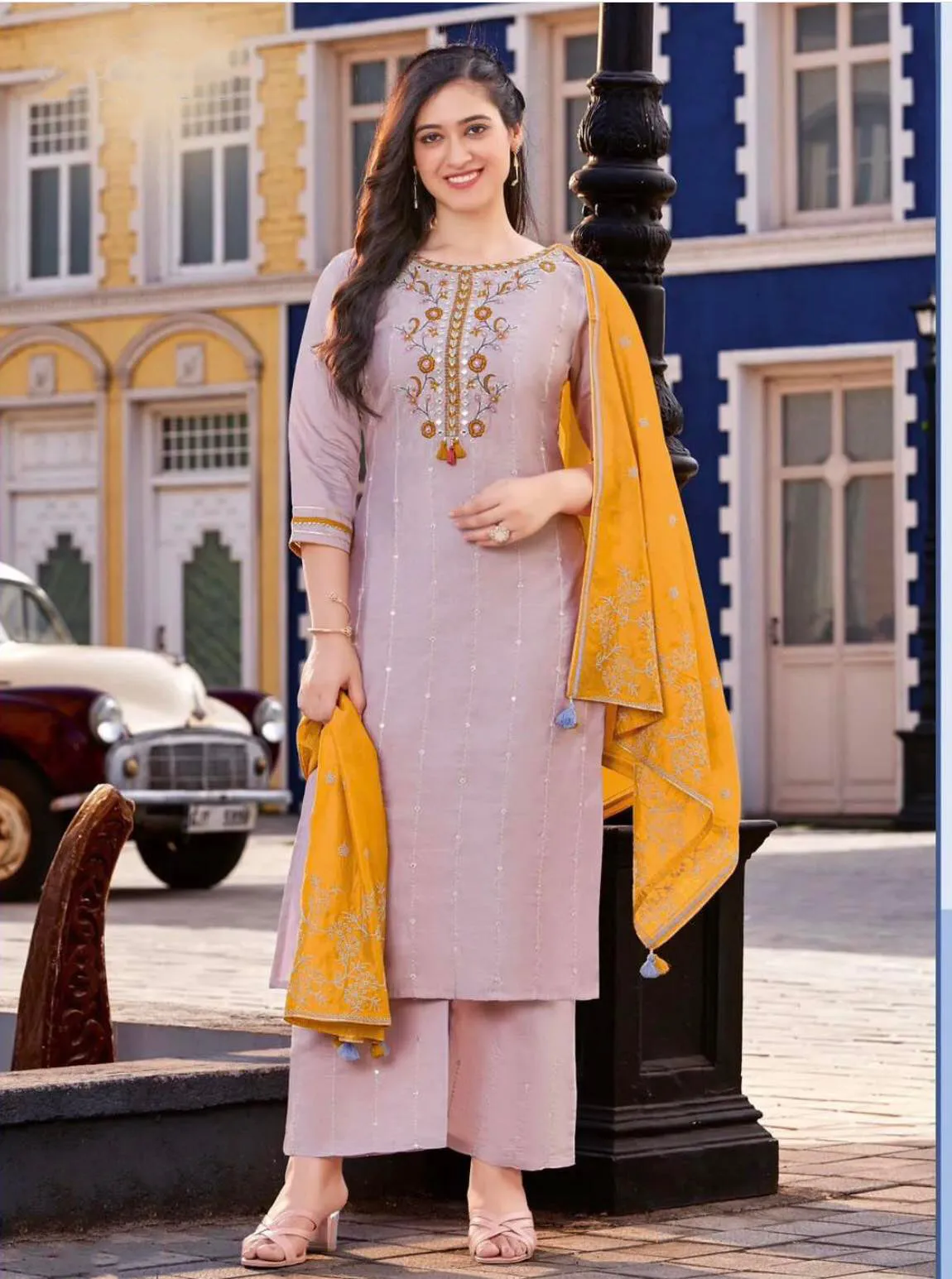 Stunning Radiant Champagne Pink Designer Kurti Set with Bottom and Elegant Fancy Dupatta