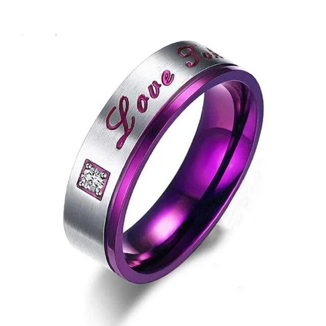 Purple/Silver and Purple Cubic Zirconia Stainless Steel Wedding Ring Set