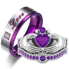 Purple/Silver and Purple Cubic Zirconia Stainless Steel Wedding Ring Set