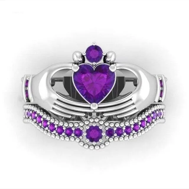 Purple/Silver and Purple Cubic Zirconia Stainless Steel Wedding Ring Set