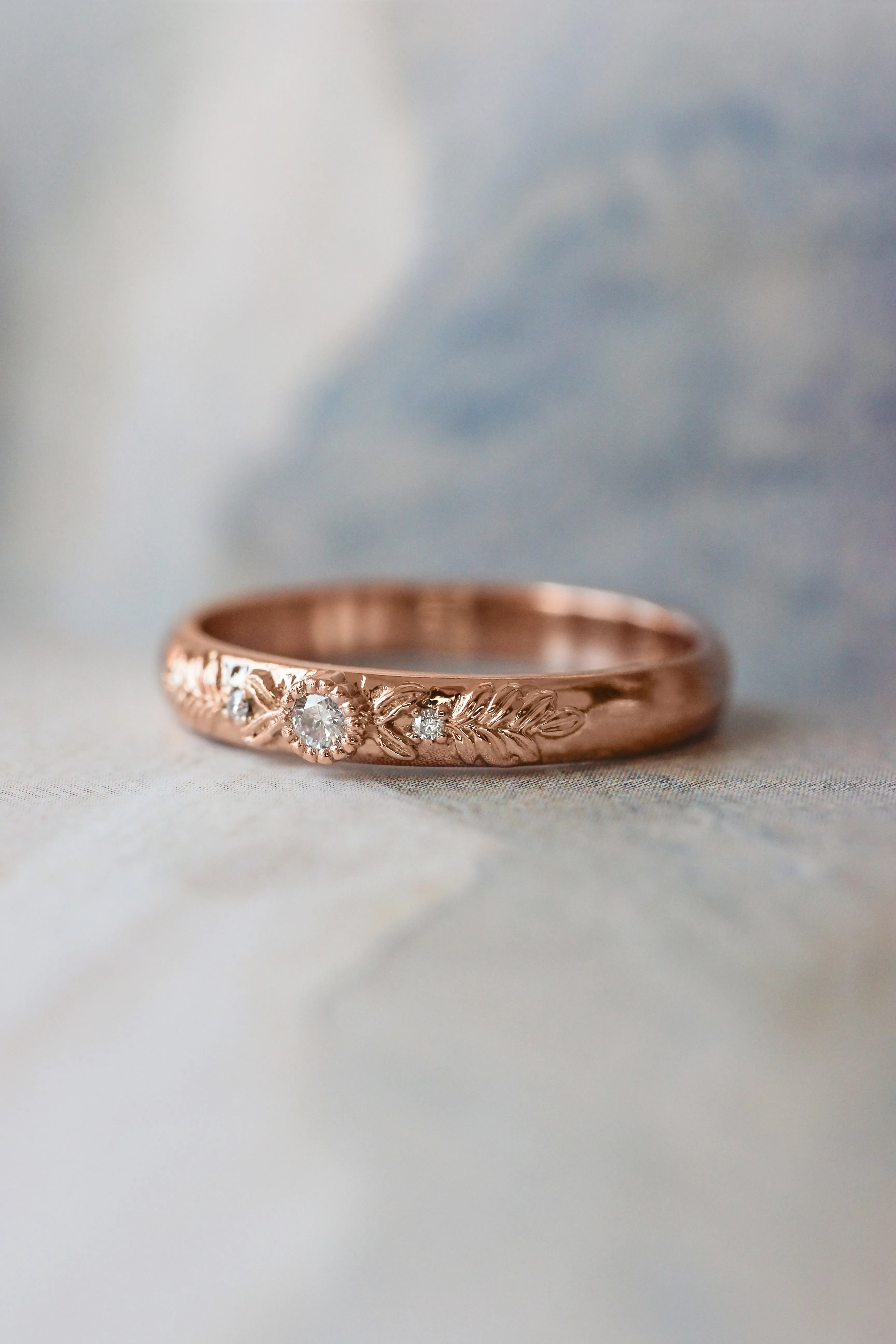 READY TO SHIP: Wedding band in 14K rose gold, moissanites, RING SIZE 6.75 US