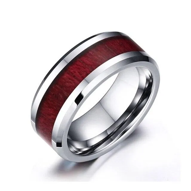 Red Koa Wood Inlay and Crystal Rhinestone Stainless Steel Wedding Bands Set