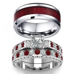 Red Koa Wood Inlay and Crystal Rhinestone Stainless Steel Wedding Bands Set