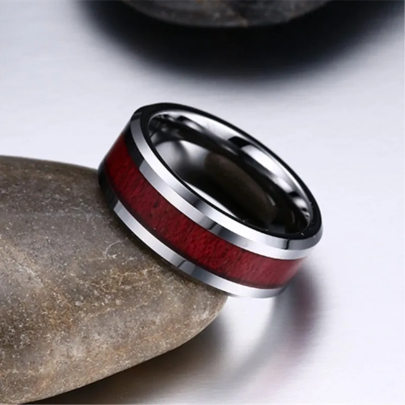 Red Koa Wood Inlay and Crystal Rhinestone Stainless Steel Wedding Bands Set