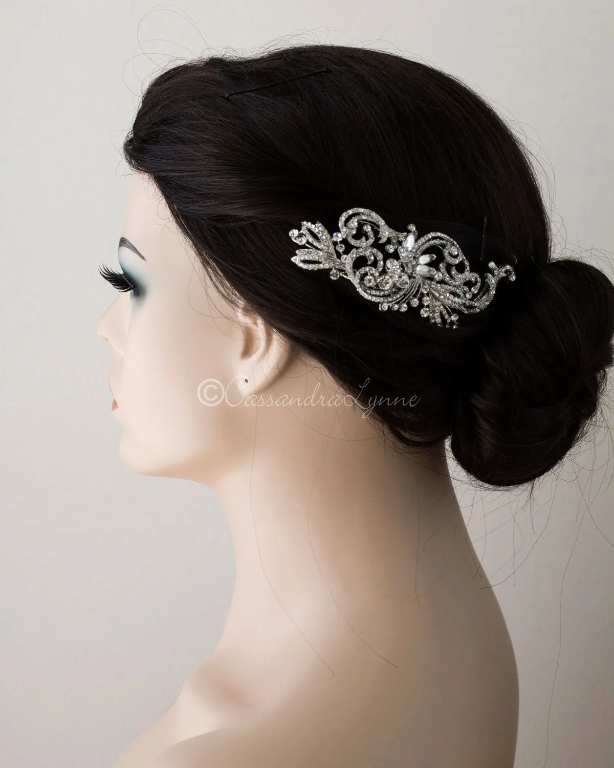 Rhodium Wedding Hair Clip of Scrolls and Marquise Jewels