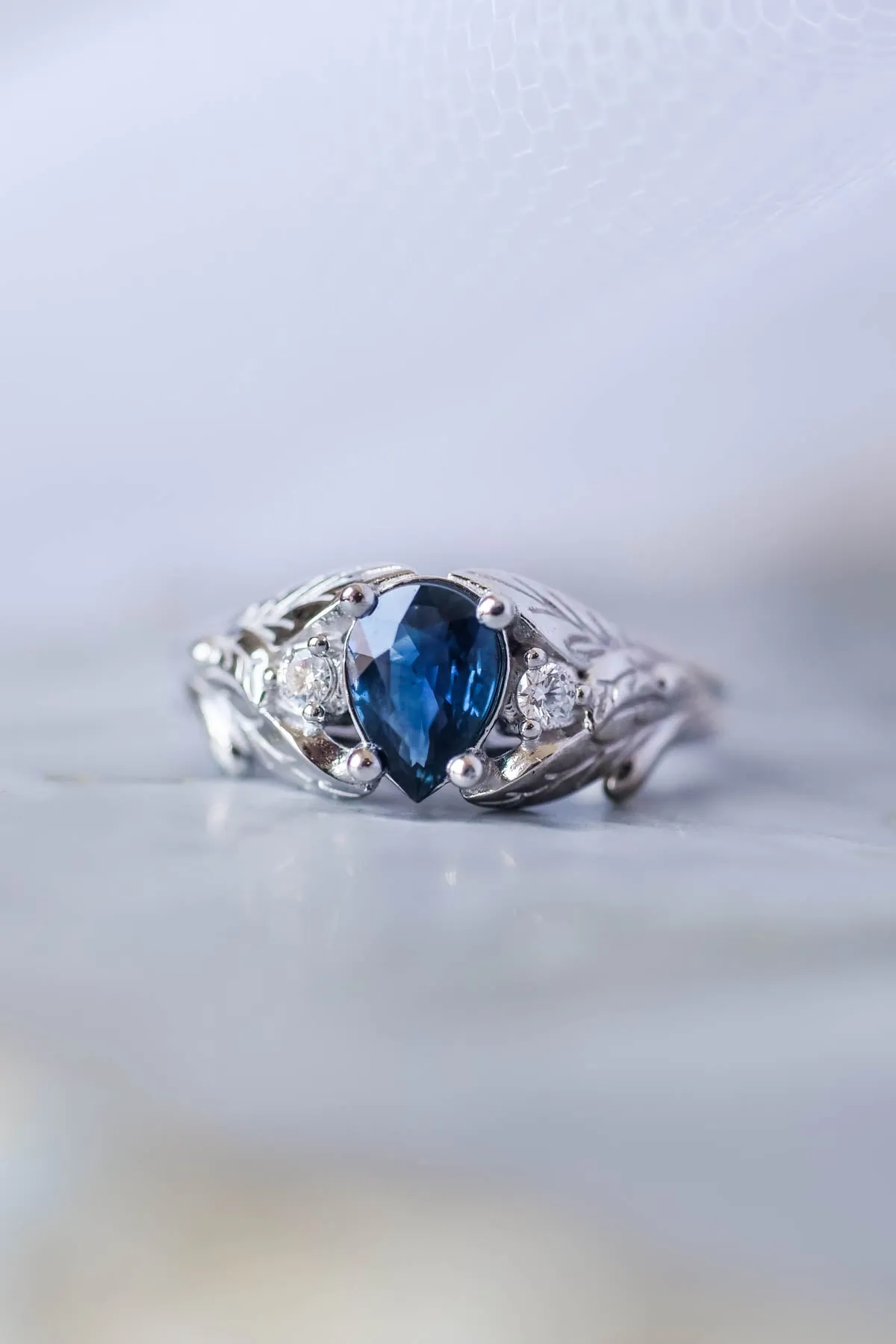 Royal blue sapphire engagement ring, unique leaf ring with diamonds / Wisteria