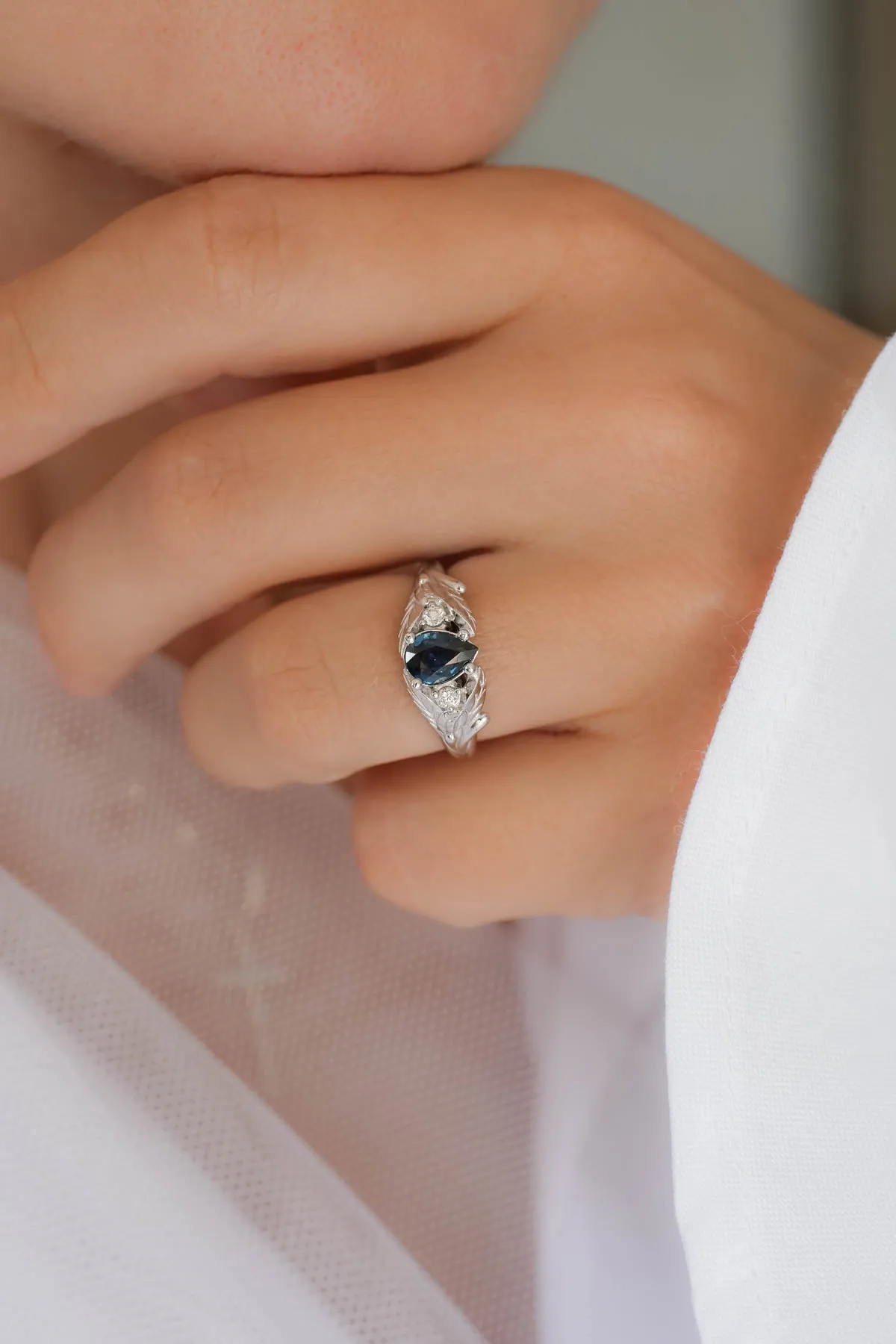 Royal blue sapphire engagement ring, unique leaf ring with diamonds / Wisteria