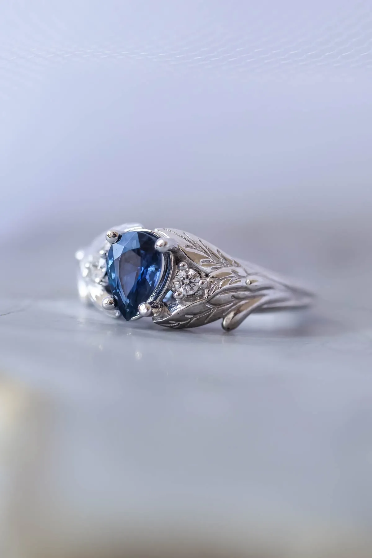 Royal blue sapphire engagement ring, unique leaf ring with diamonds / Wisteria