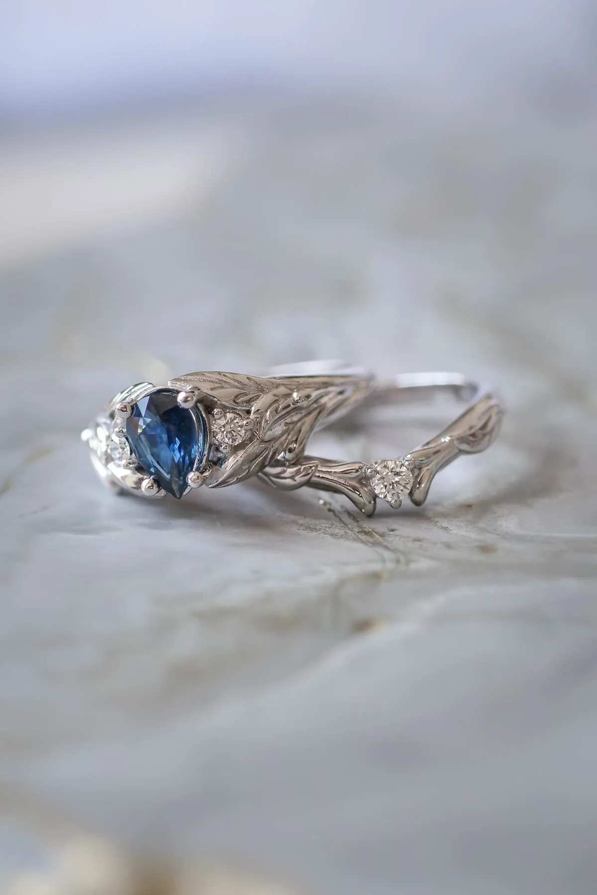 Royal blue sapphire engagement ring, unique leaf ring with diamonds / Wisteria