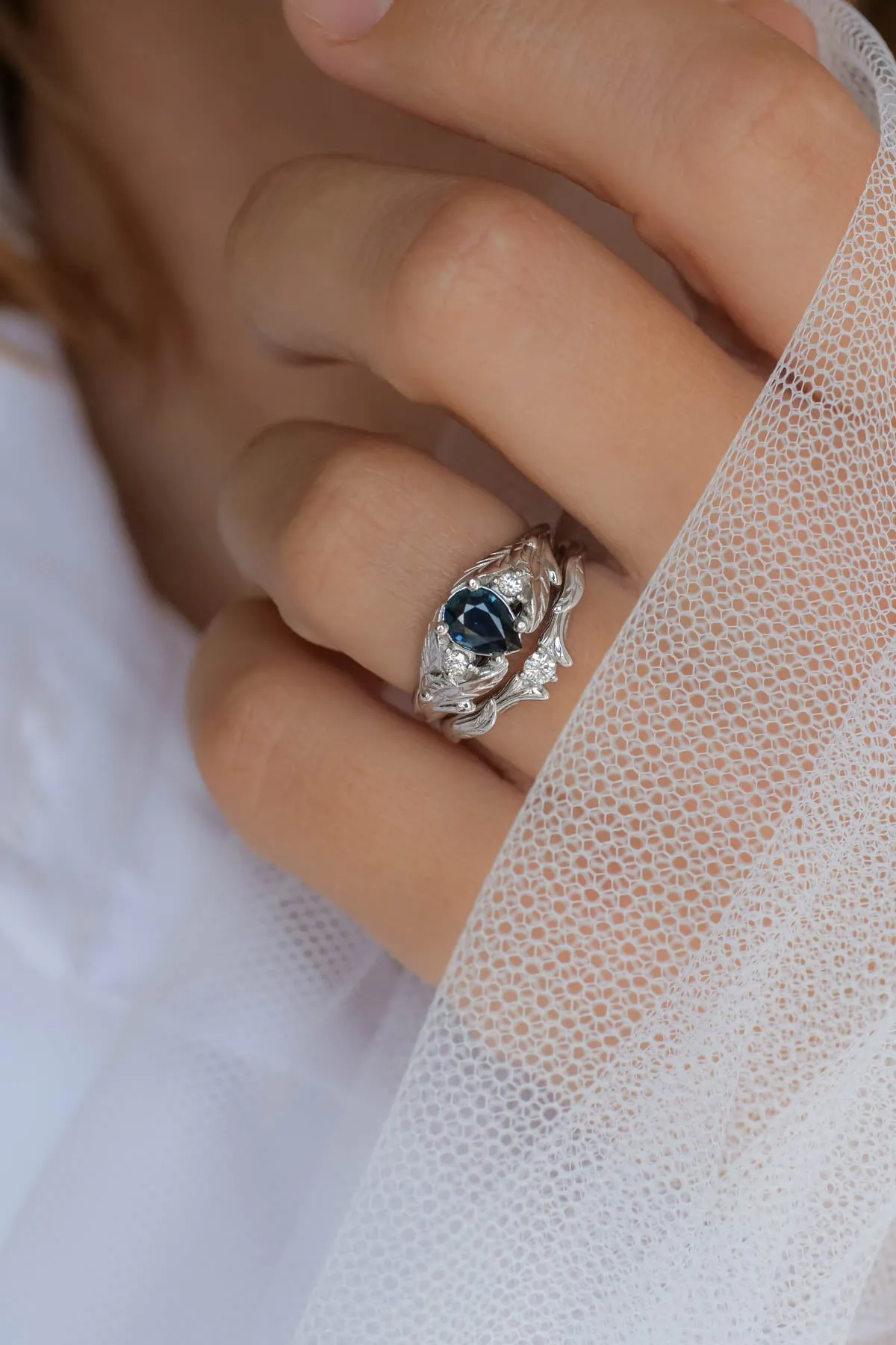 Royal blue sapphire engagement ring, unique leaf ring with diamonds / Wisteria