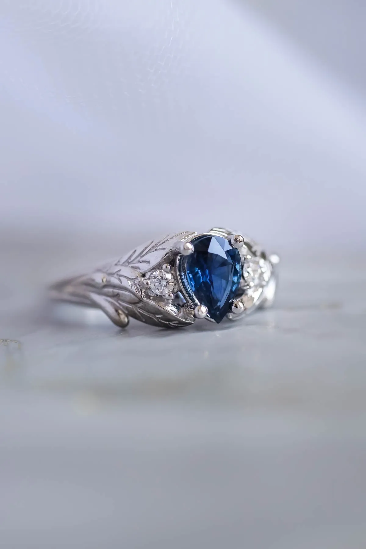 Royal blue sapphire engagement ring, unique leaf ring with diamonds / Wisteria