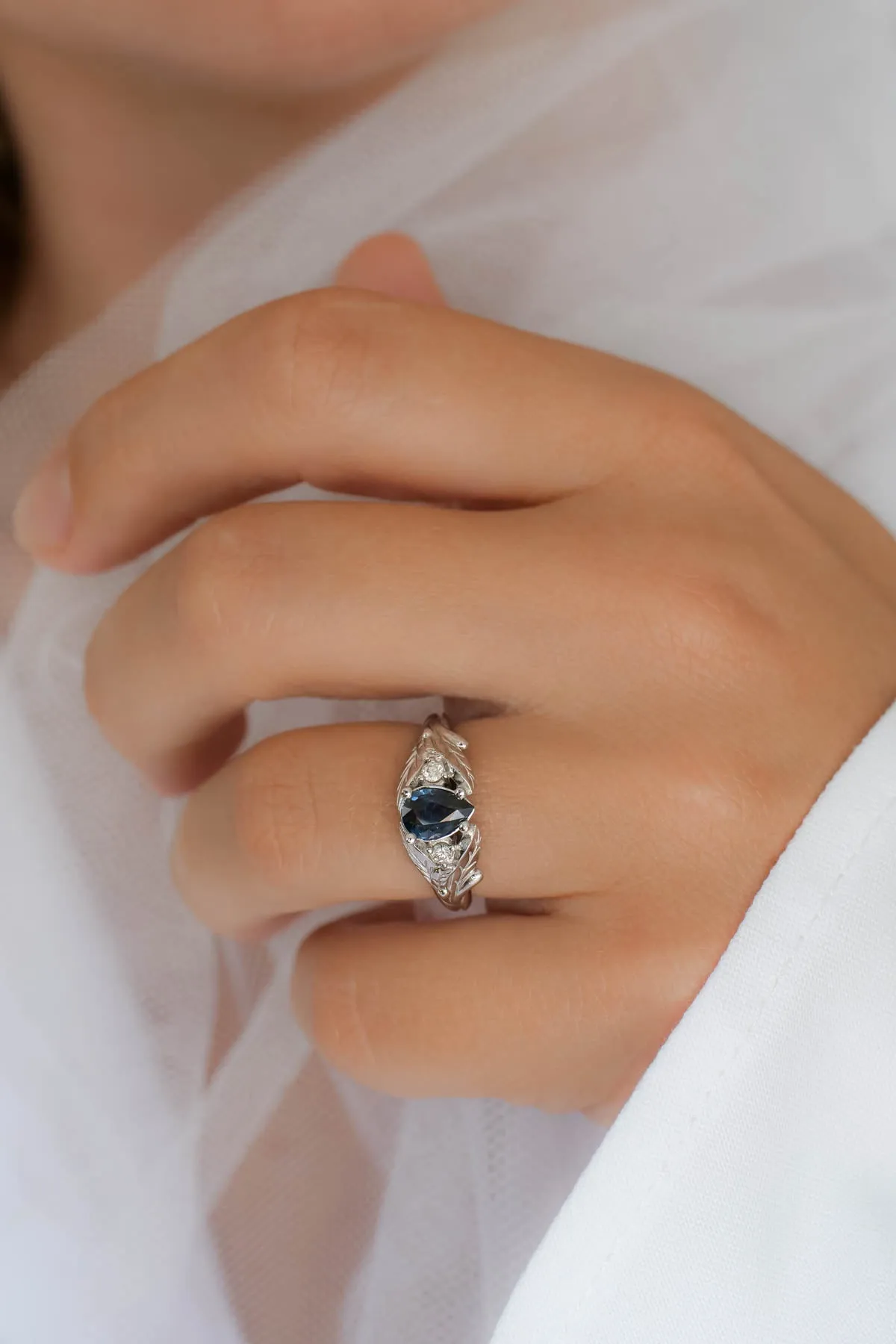 Royal blue sapphire engagement ring, unique leaf ring with diamonds / Wisteria