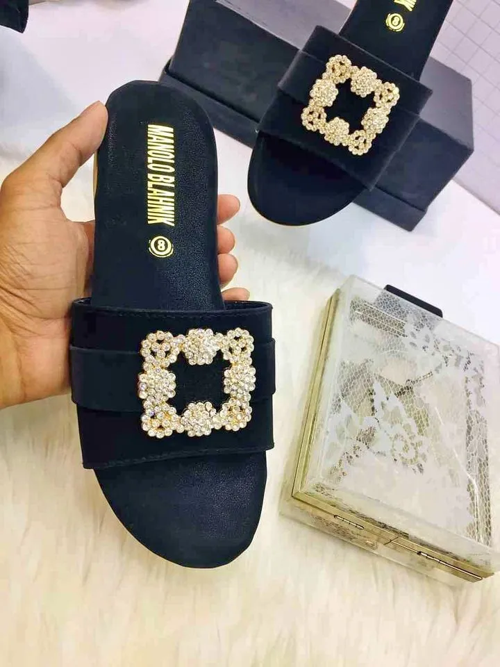 Satin Diamond Buckle Mid Heel Flat Women Sandal