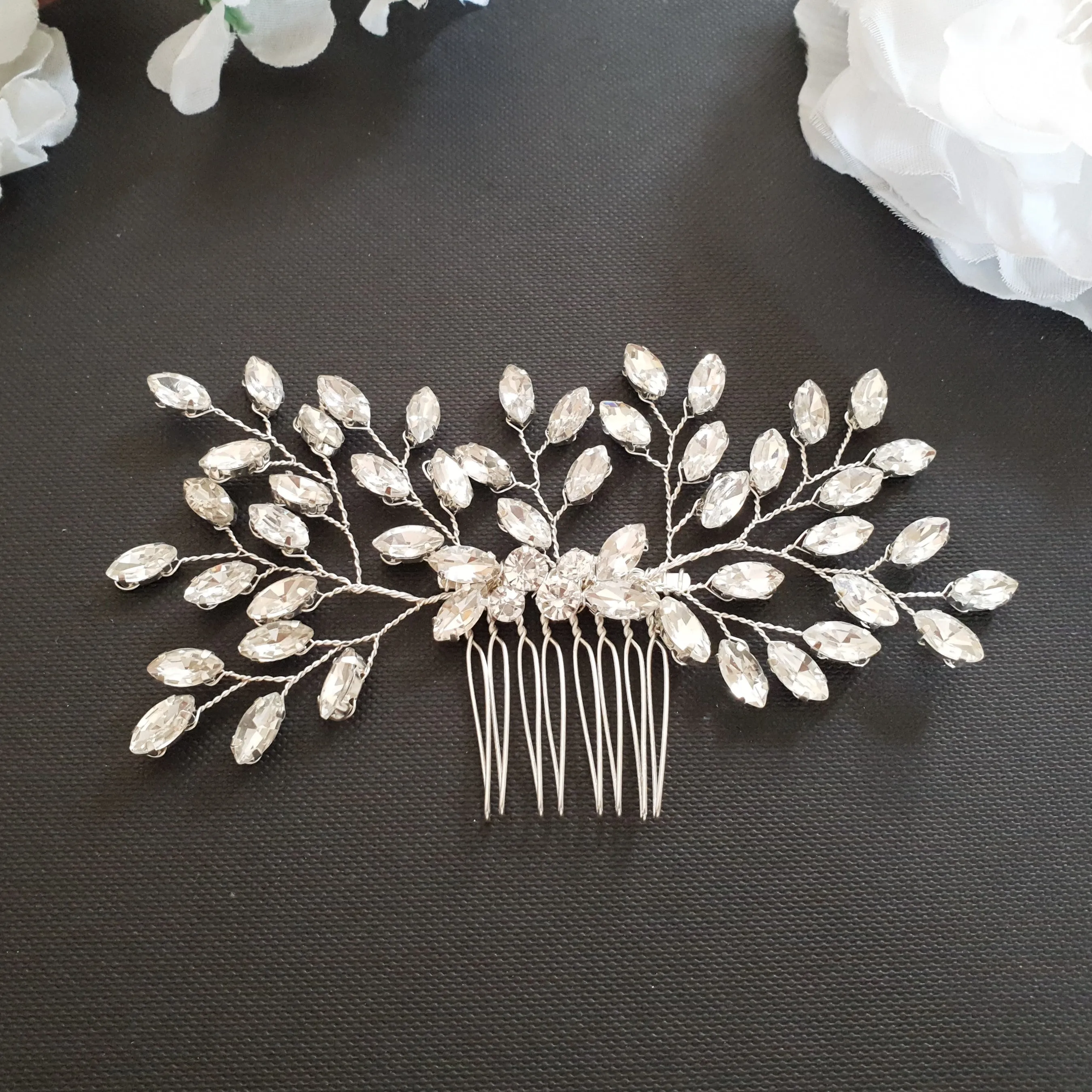 Simple Crystal Leaf Hair Comb for Brides-Pasque