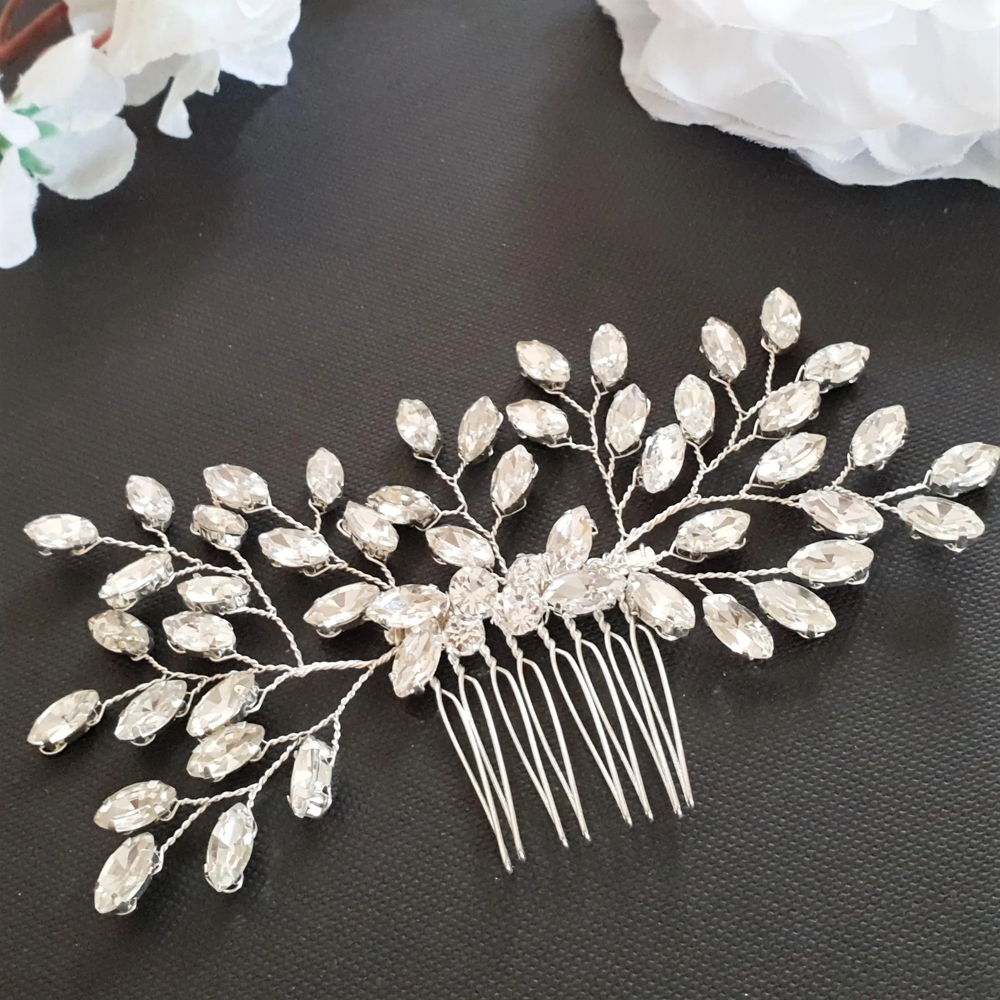 Simple Crystal Leaf Hair Comb for Brides-Pasque