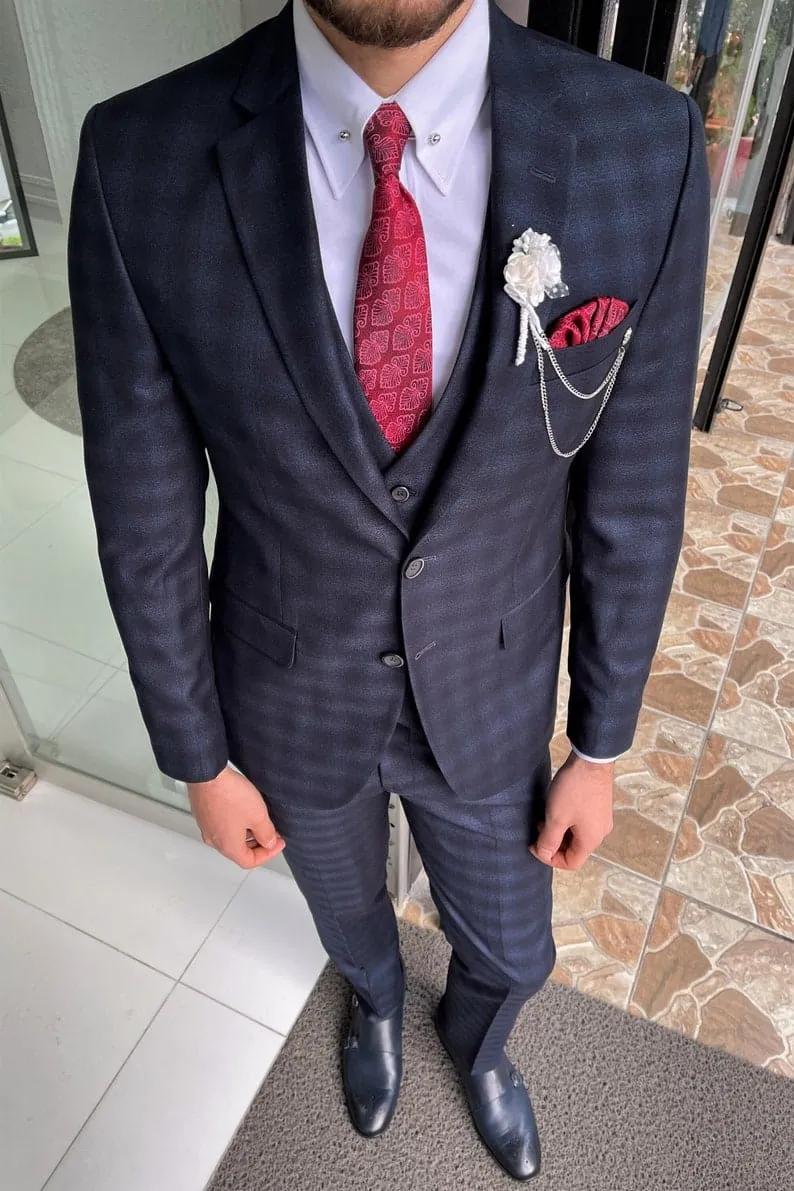 Slim Fit Navy Blue Plaid Wool Wedding Suit