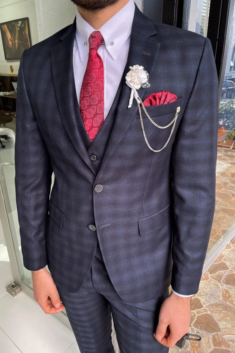 Slim Fit Navy Blue Plaid Wool Wedding Suit