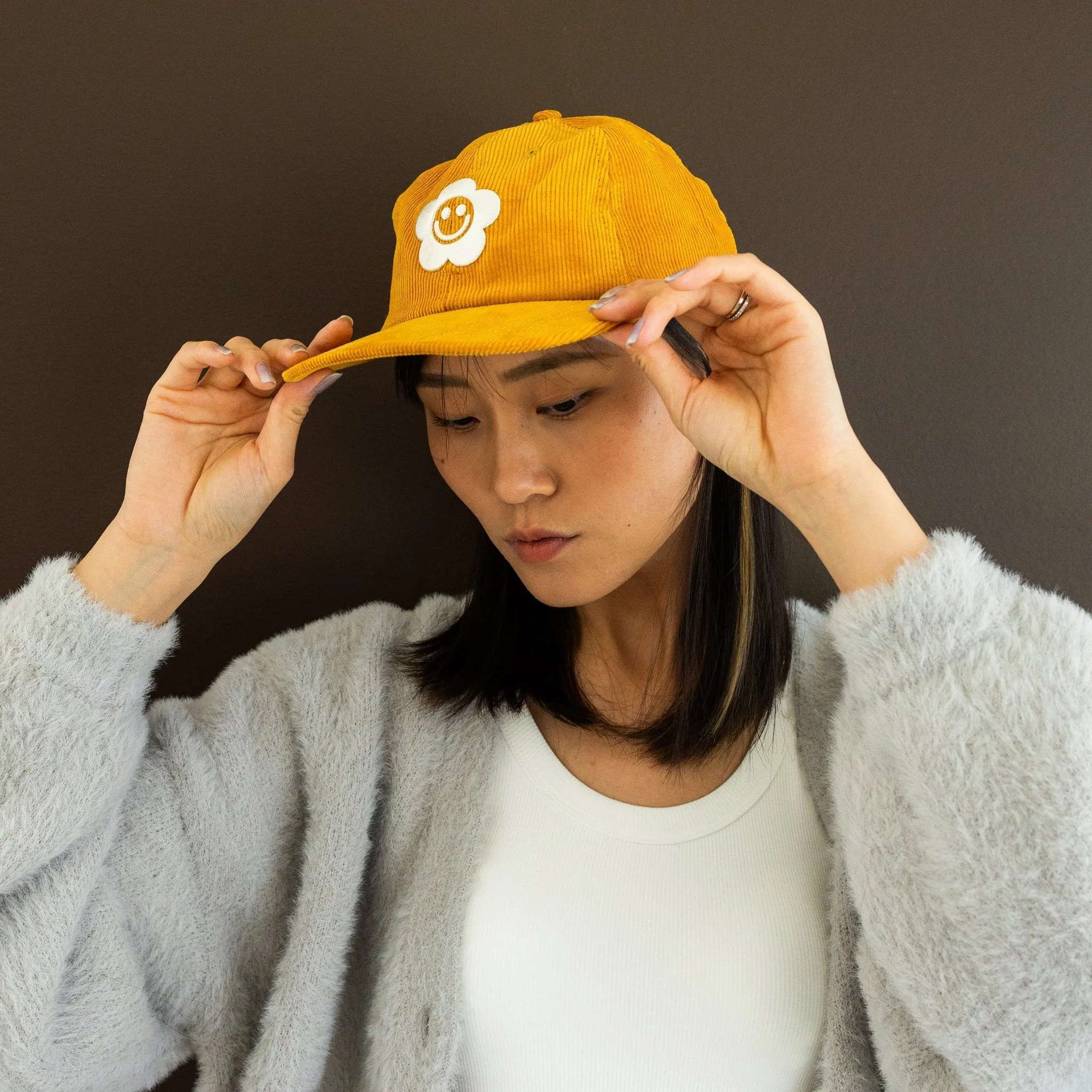 Smiley Flower Yellow Corduroy Dad Hat