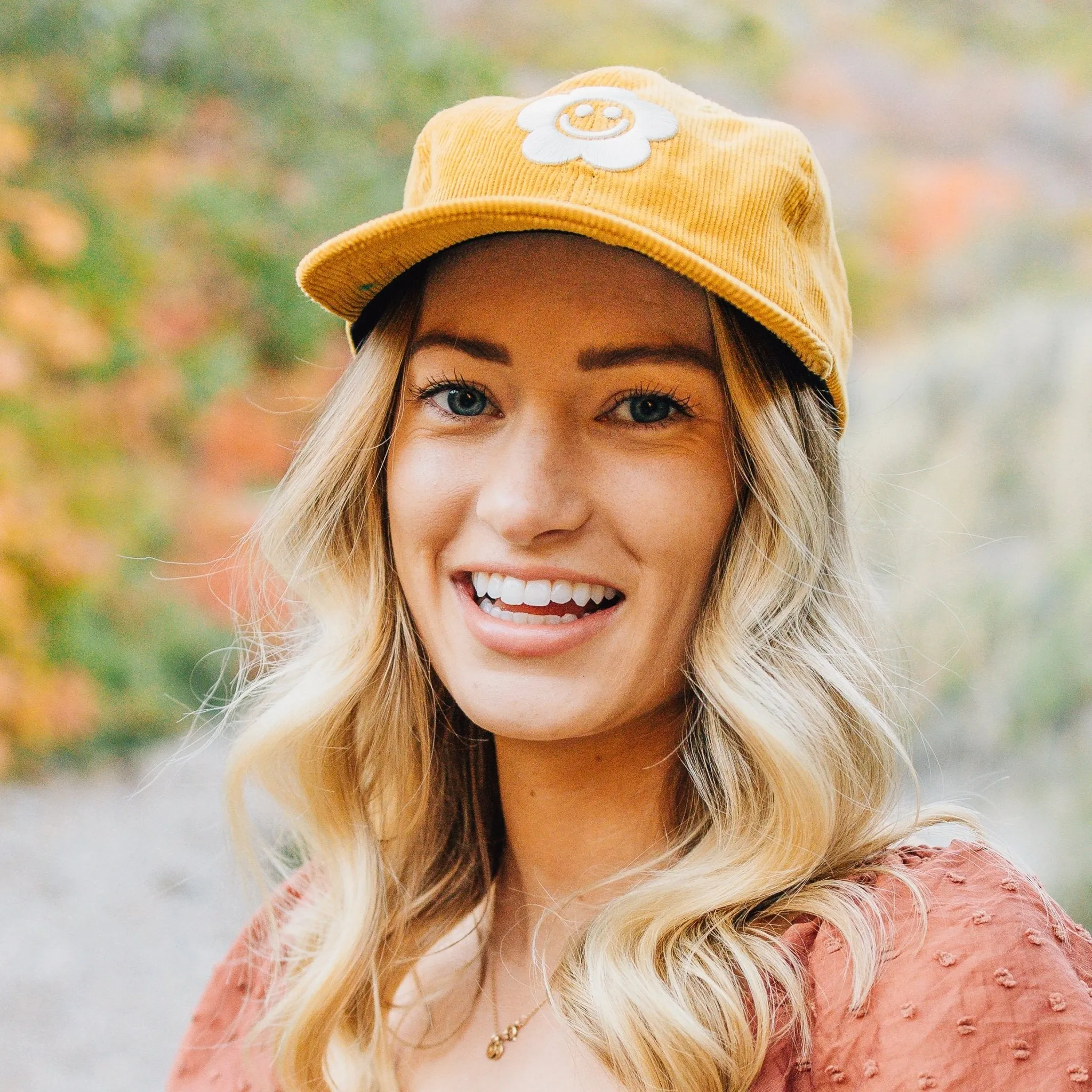 Smiley Flower Yellow Corduroy Dad Hat