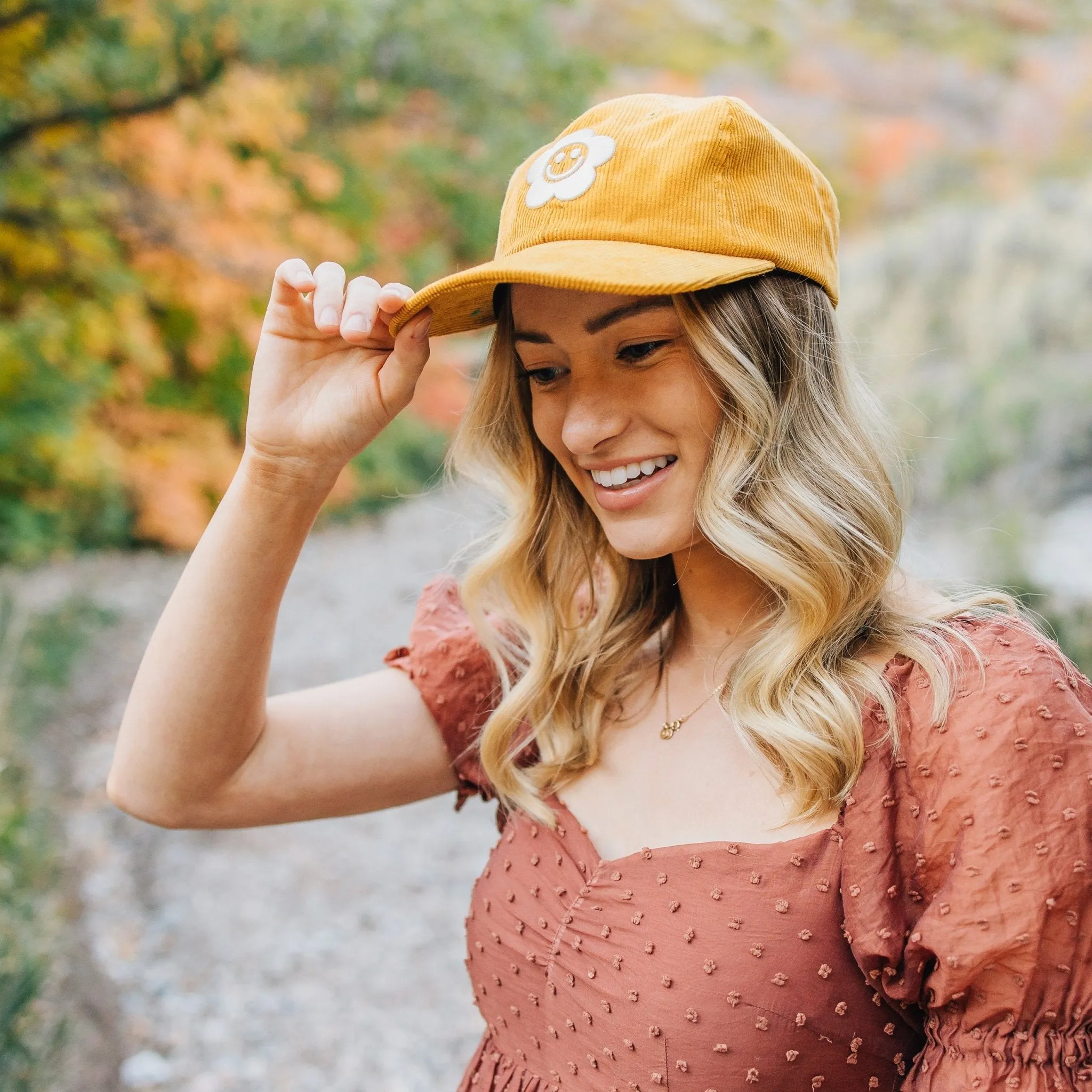 Smiley Flower Yellow Corduroy Dad Hat