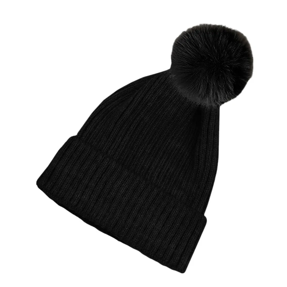 Solid knit Pom Pom Beanie Hat