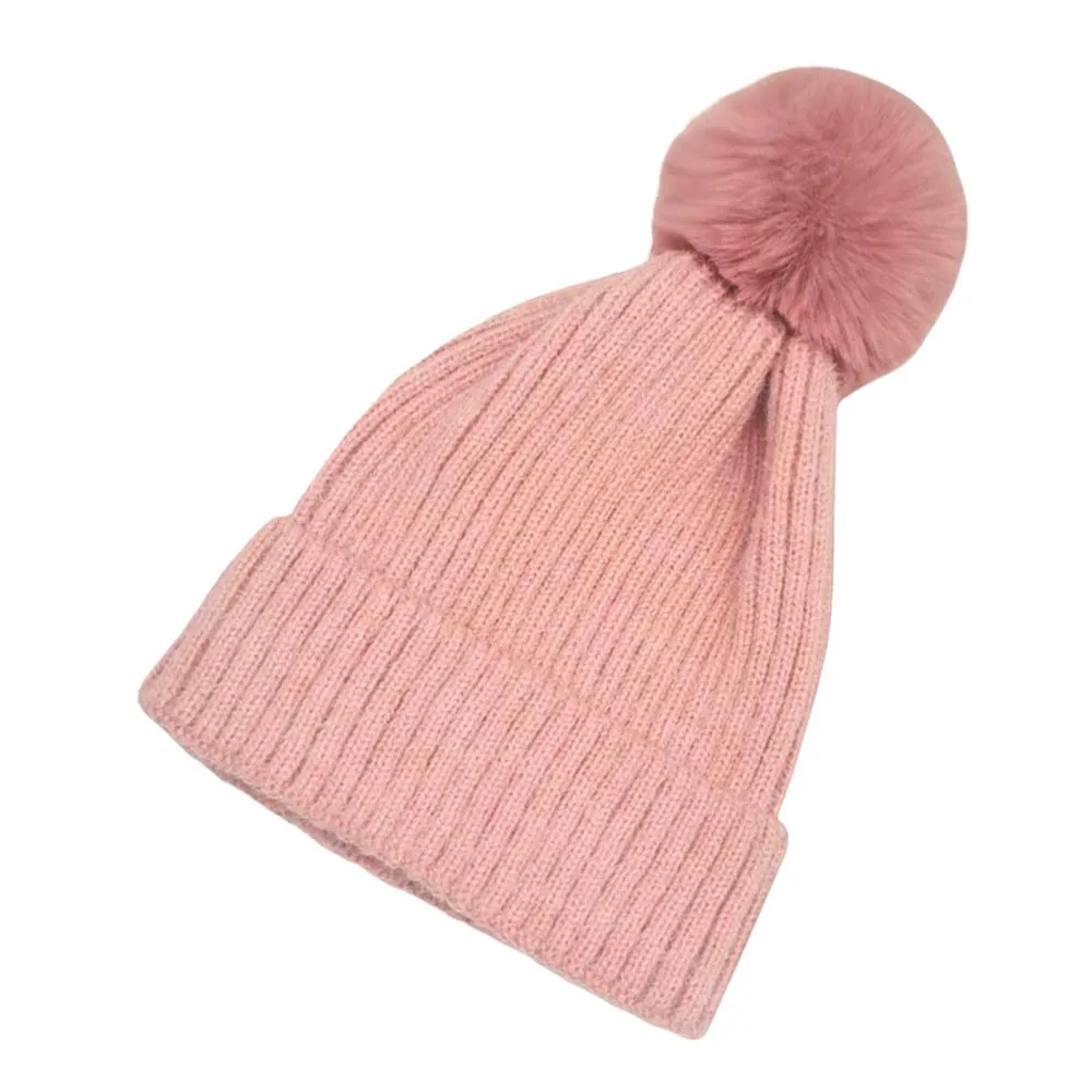 Solid knit Pom Pom Beanie Hat