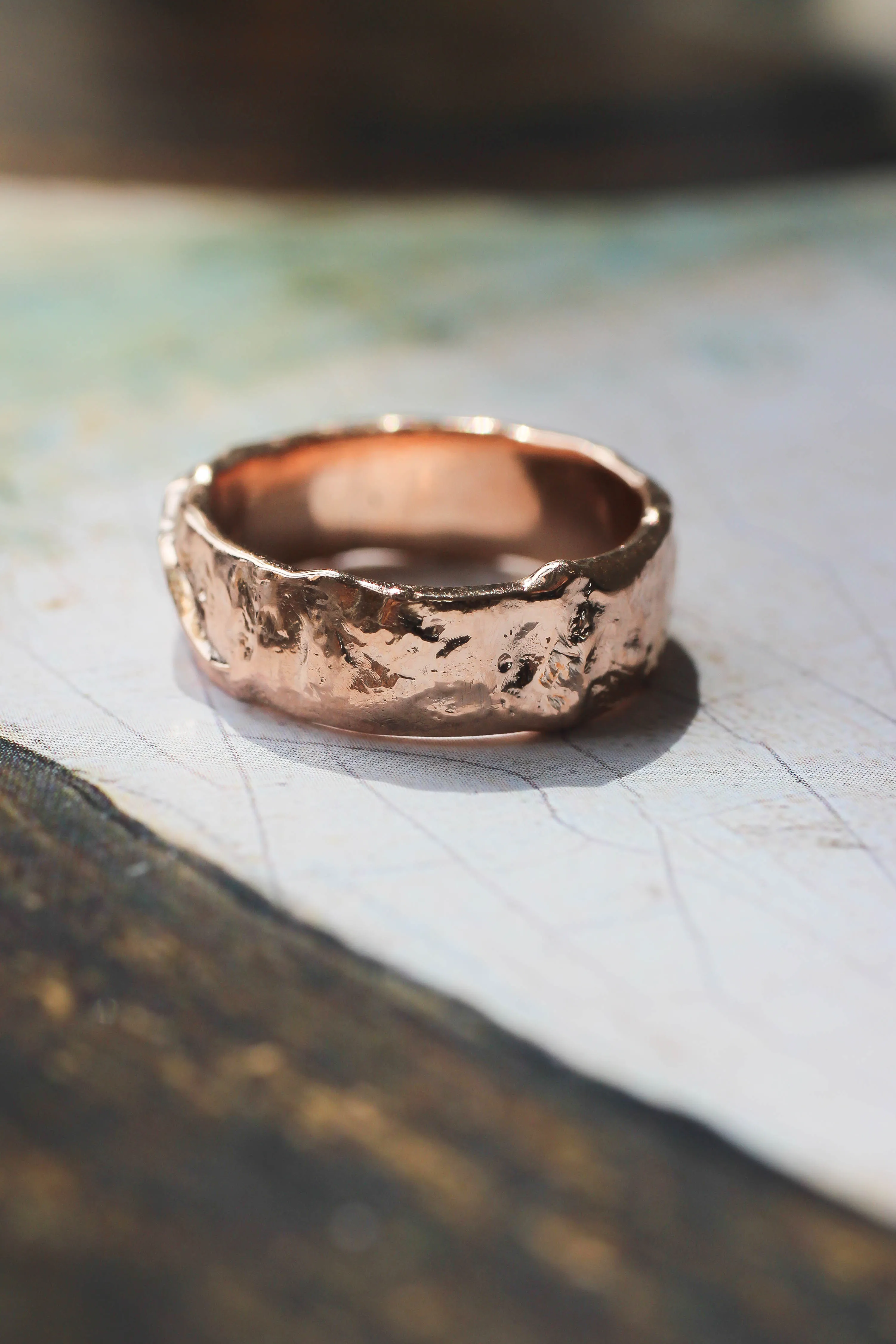 Textured ring with two leaves, man's wedding band