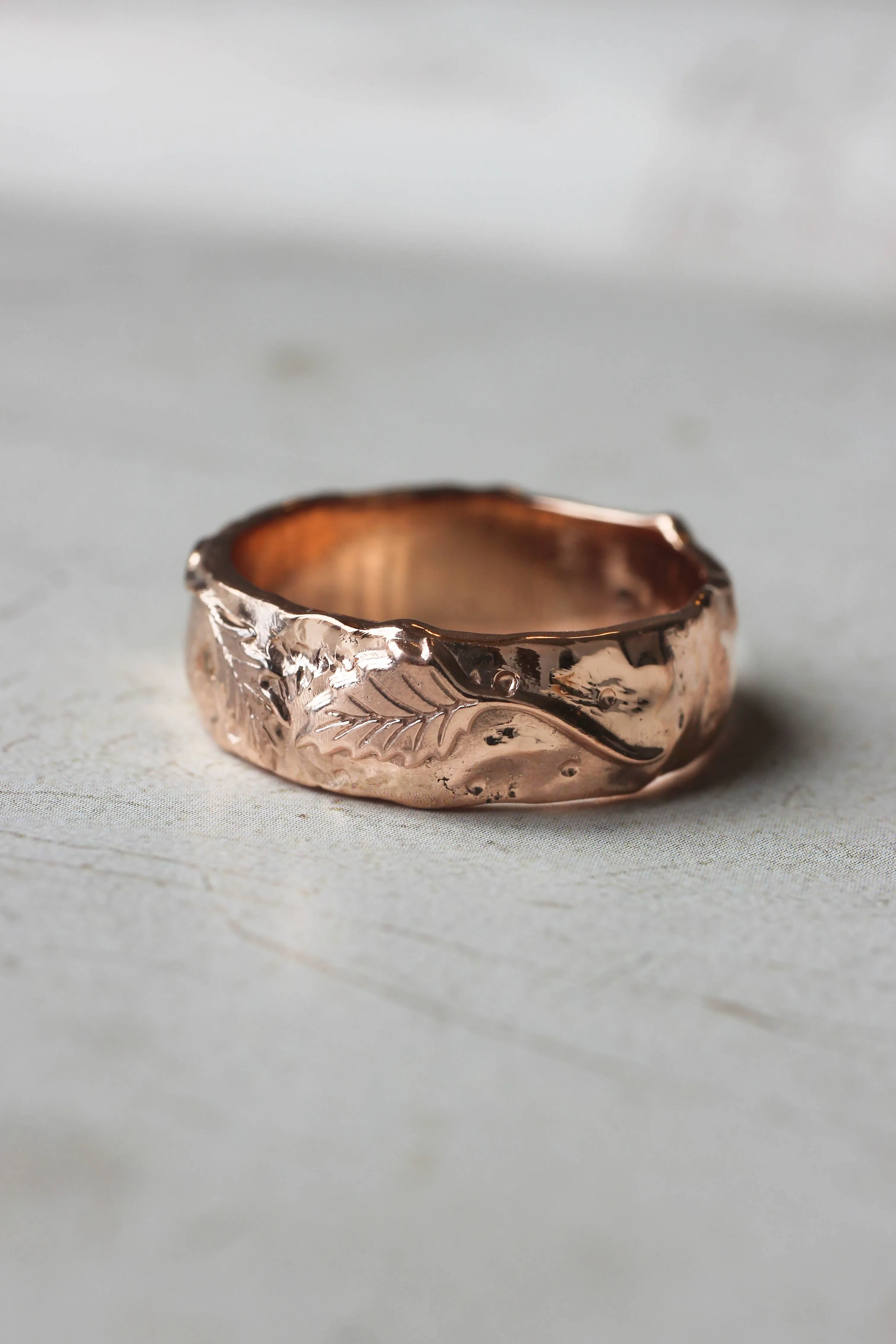 Textured ring with two leaves, man's wedding band