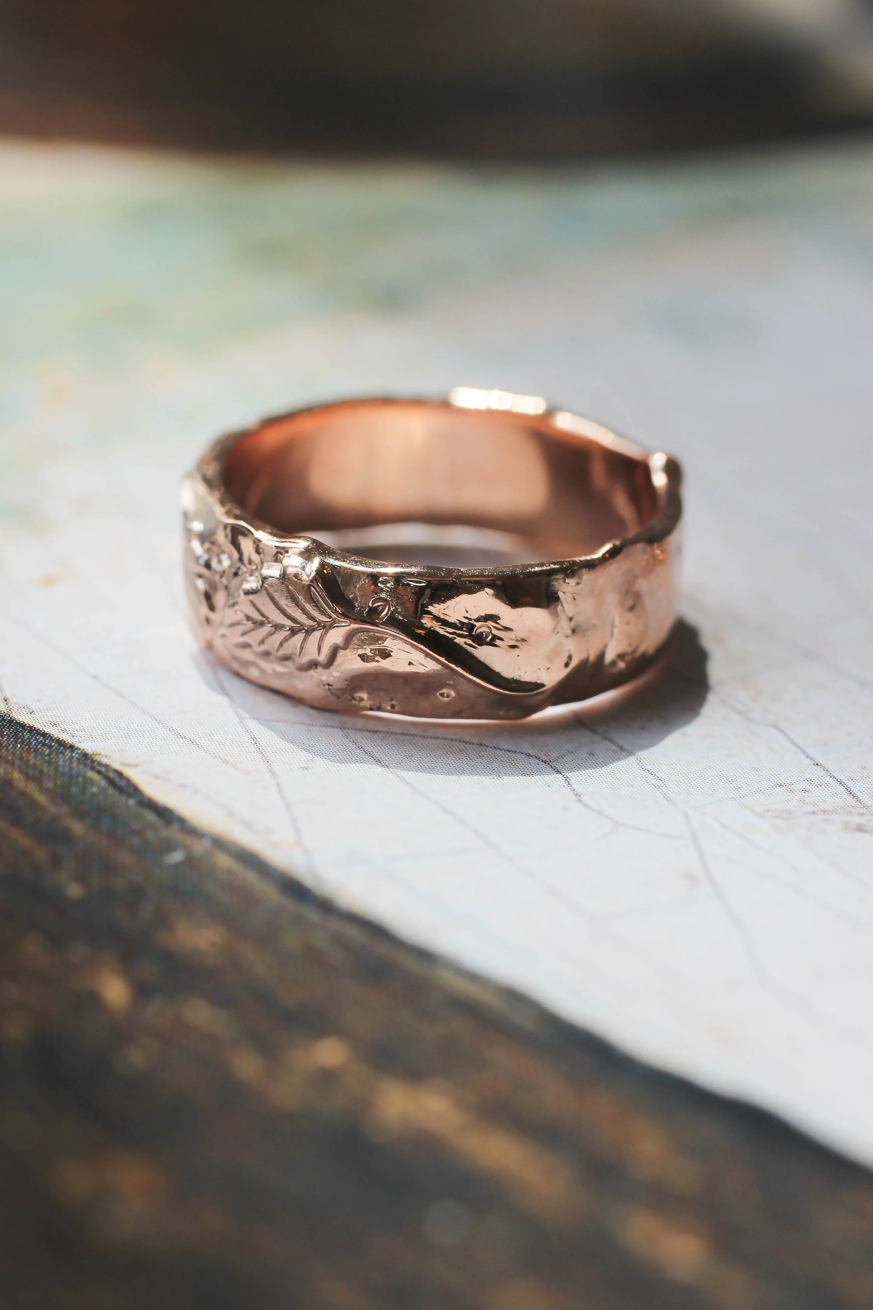 Textured ring with two leaves, man's wedding band