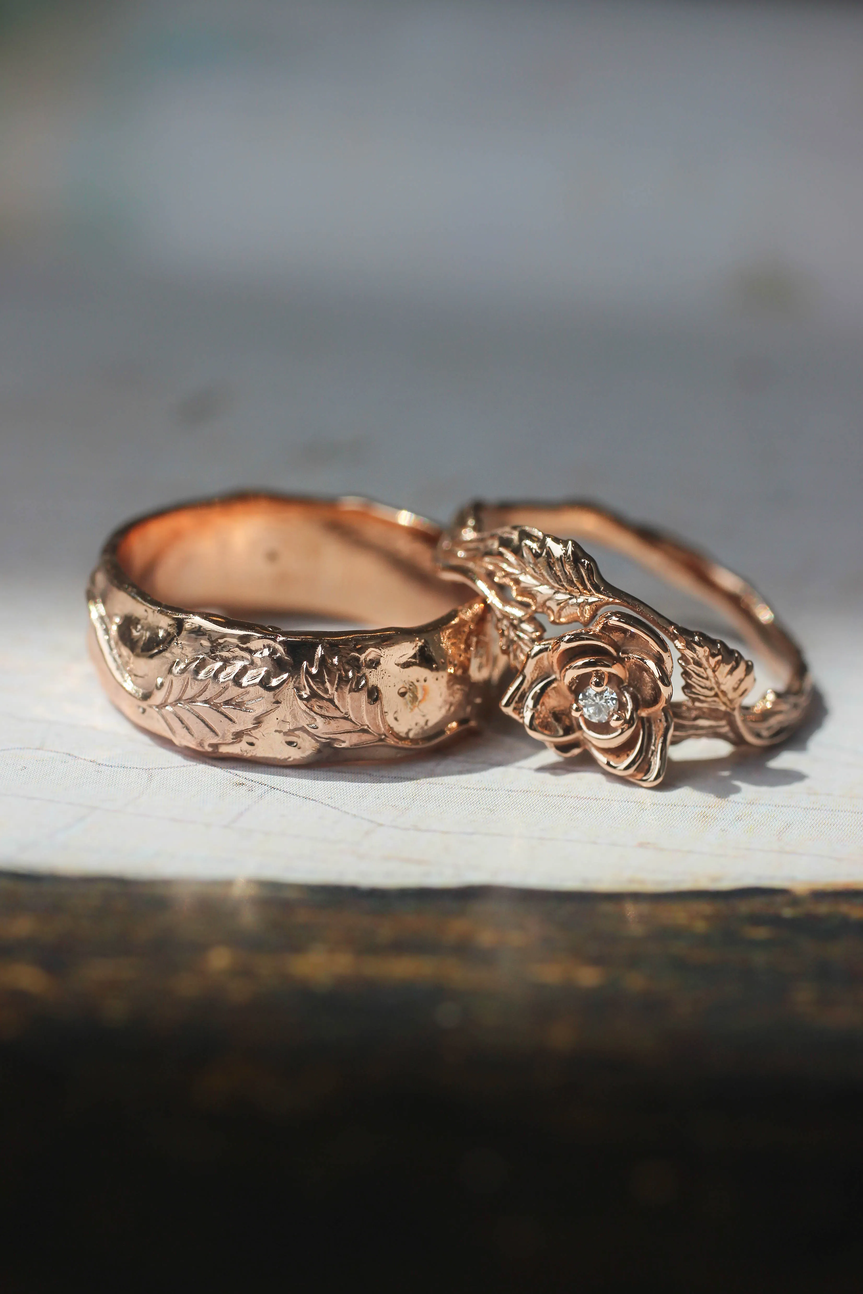 Textured ring with two leaves, man's wedding band