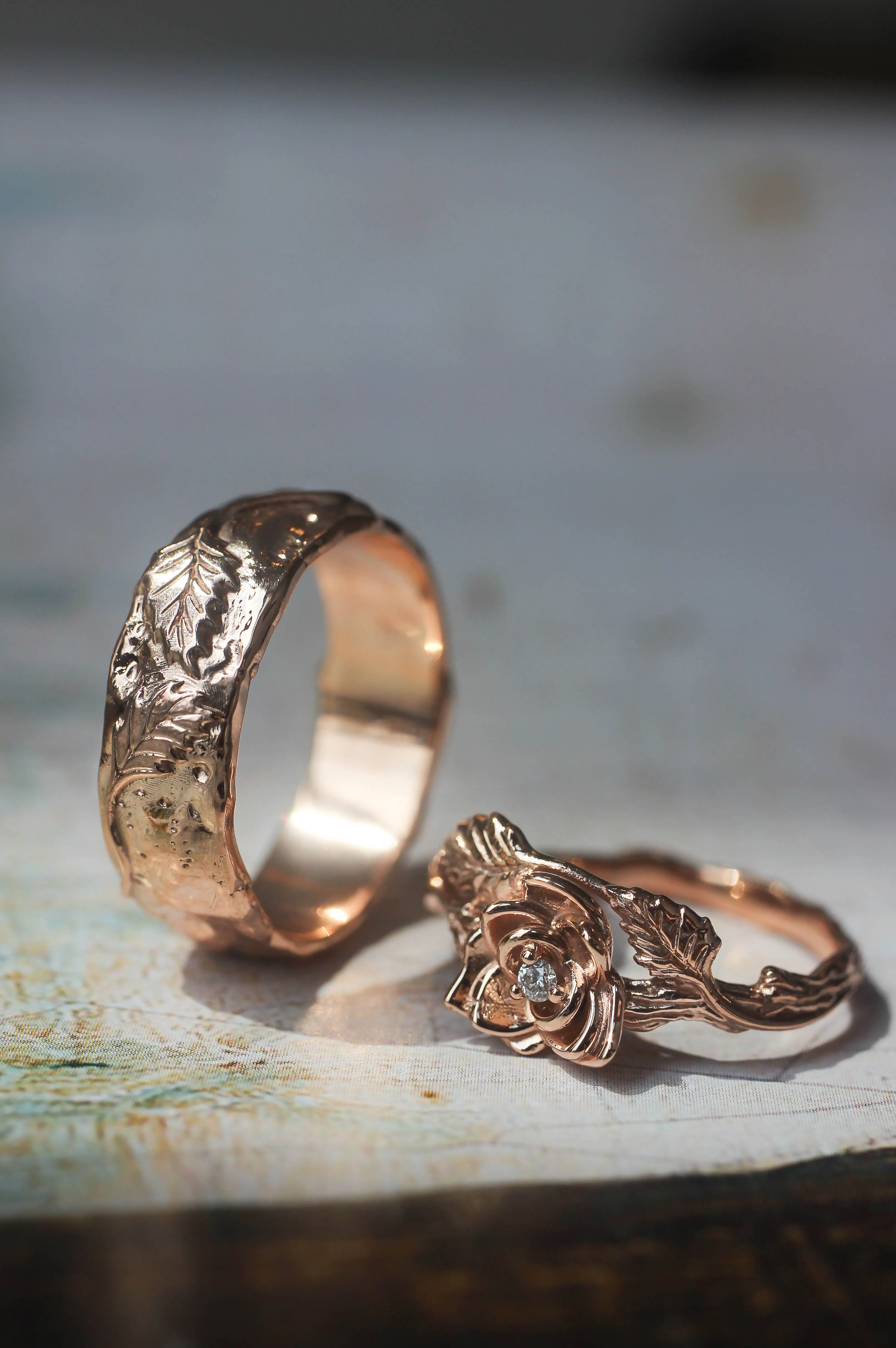 Textured ring with two leaves, man's wedding band