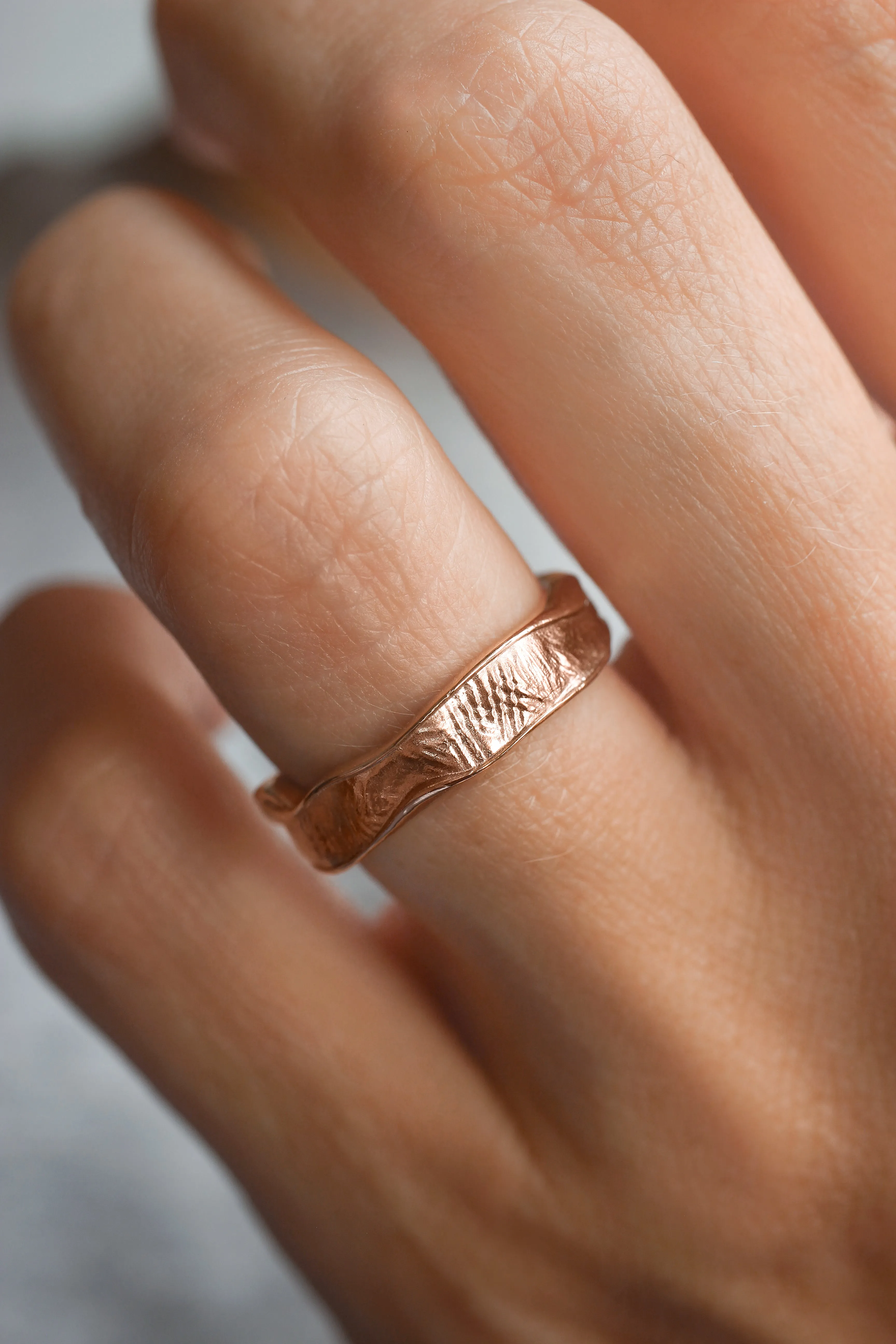 Textured unisex wedding band, melted ring with fabric texture