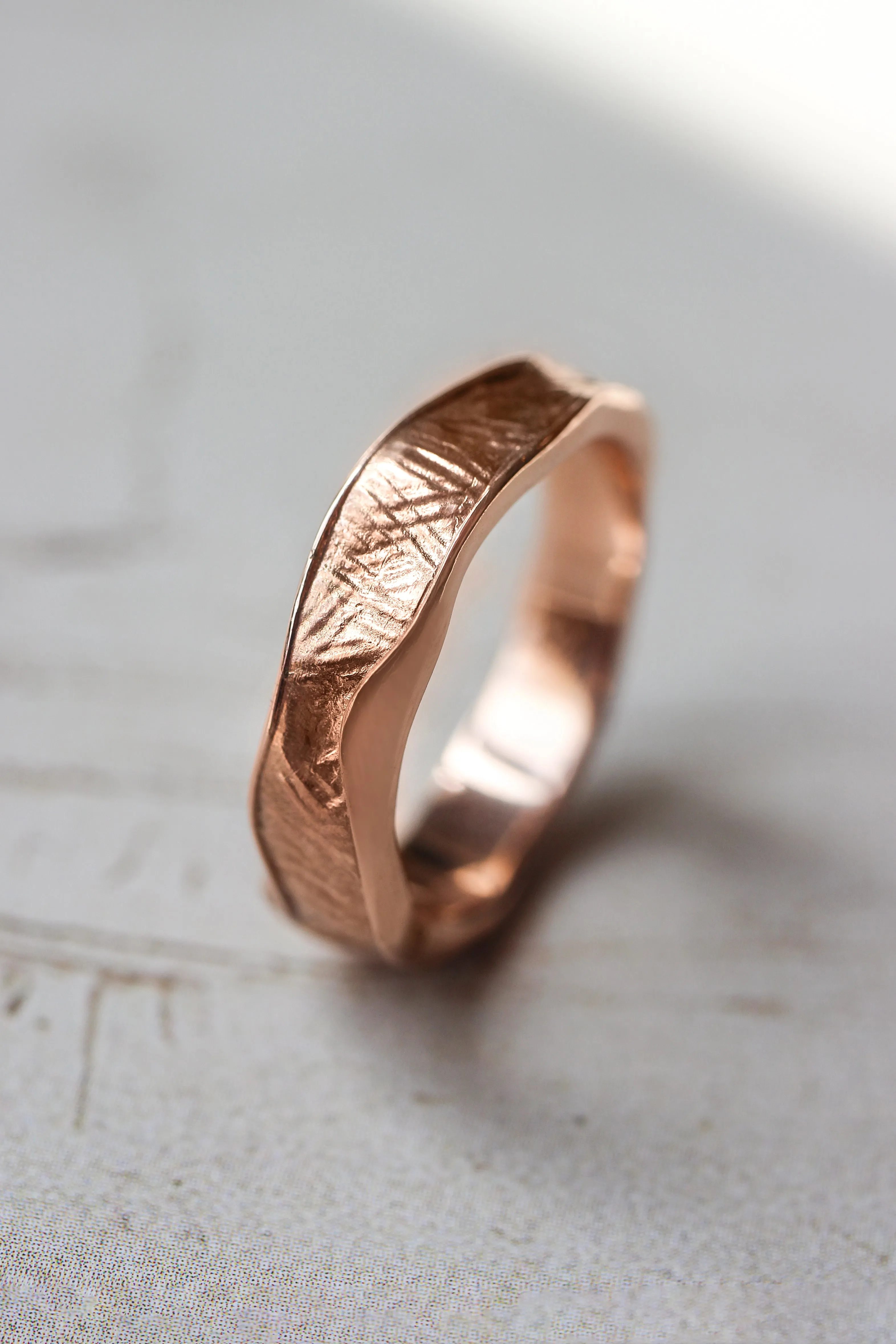 Textured unisex wedding band, melted ring with fabric texture