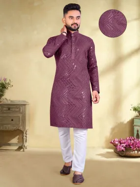 Traditional Embroidery Mirror Work Magenta Color Men's Cotton Kurta Pajama Set