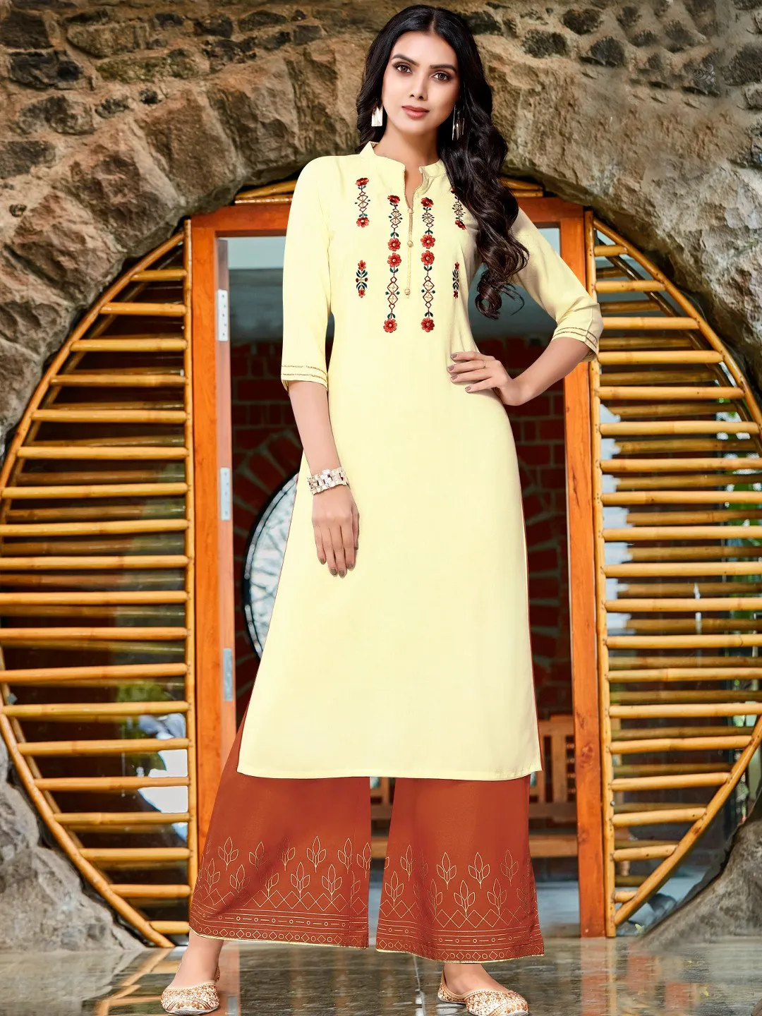 Trendy Cream Rayon and Cotton Flex Kurti With Palazzo Pant Set