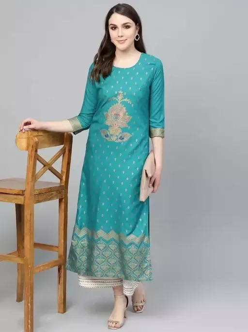 Trendy Gold Printed Rama Green Kurti With Gold Printed Palazzo Set