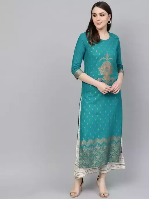 Trendy Gold Printed Rama Green Kurti With Gold Printed Palazzo Set