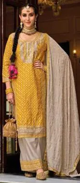 Wonderful Yellow Color Embroidery Work Kurti With Palazzo Suit Sets