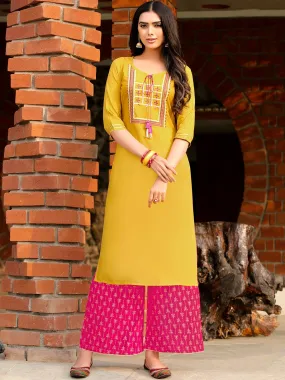 Trendy Indian Ethnic Yellow Color Kurti With Printed Pink Palazzo Pant