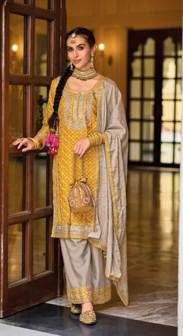 Wonderful Yellow Color Embroidery Work Kurti With Palazzo Suit Sets