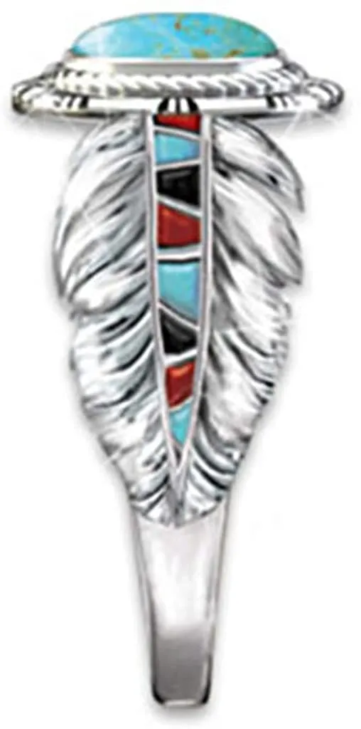 Fashion Vintage Cubic Zirconia Turquoise Feather Cocktail Bridal Wedding Ring For Women