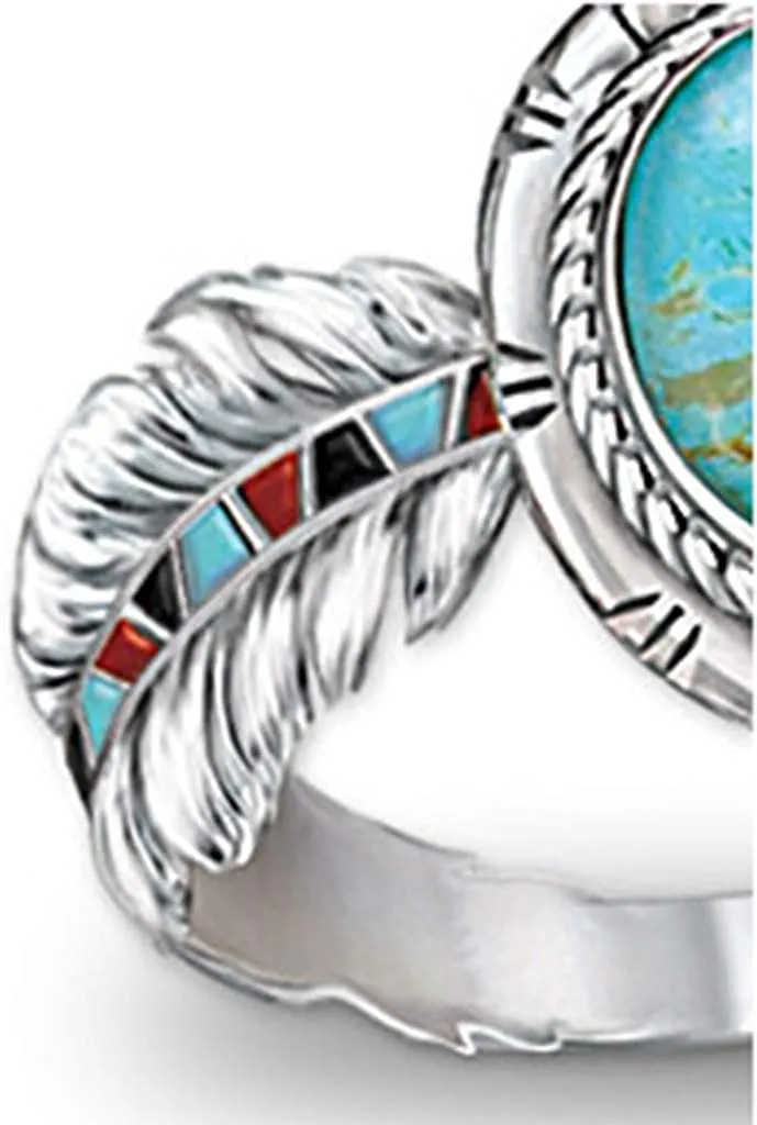 Fashion Vintage Cubic Zirconia Turquoise Feather Cocktail Bridal Wedding Ring For Women