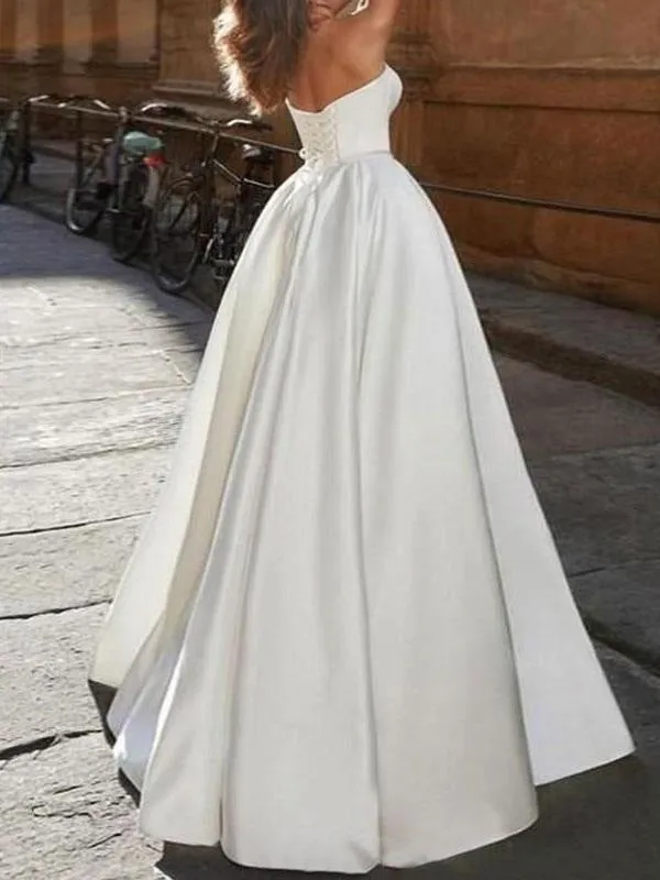 Vintage Wedding Dress Strapless Sleeveless Natural Waist Satin Fabric Floor Length Bows Traditional Dresses For Bride