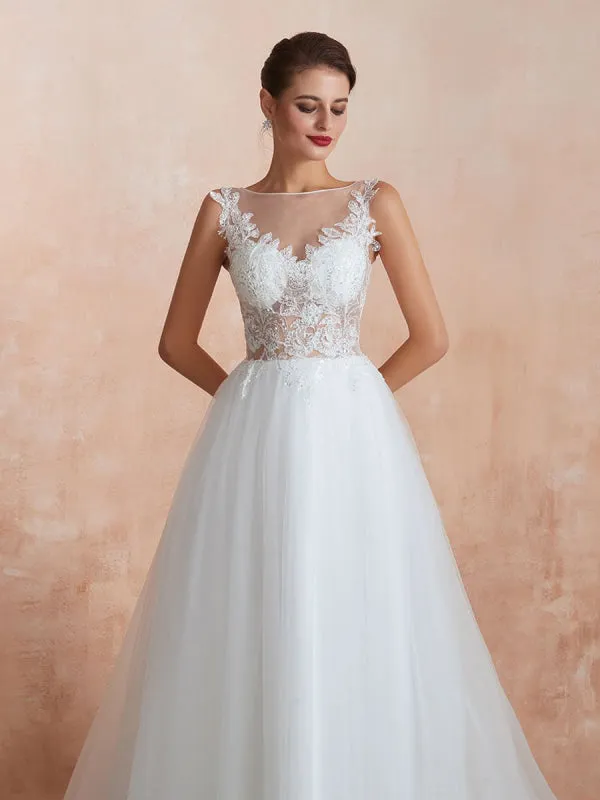 Wedding Dress 2021 A Line Sleeveless Lace Floor Length Tulle Bridal Gowns With Train