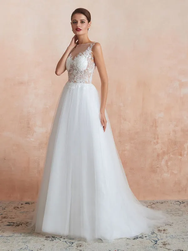 Wedding Dress 2021 A Line Sleeveless Lace Floor Length Tulle Bridal Gowns With Train